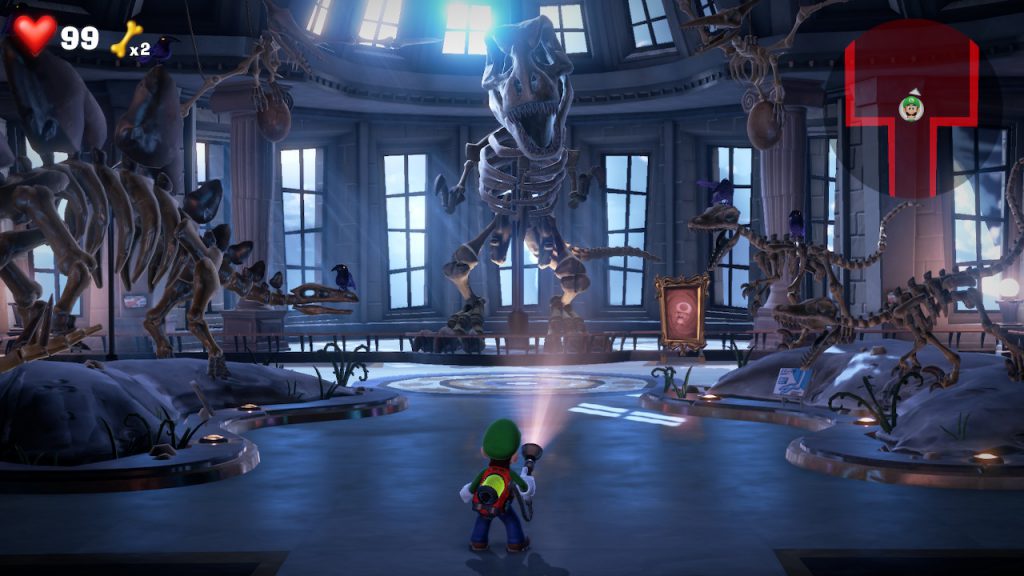 Luigi's Mansion 3 Museum floor with several fossils surrounding the t-rex fossil coming alive