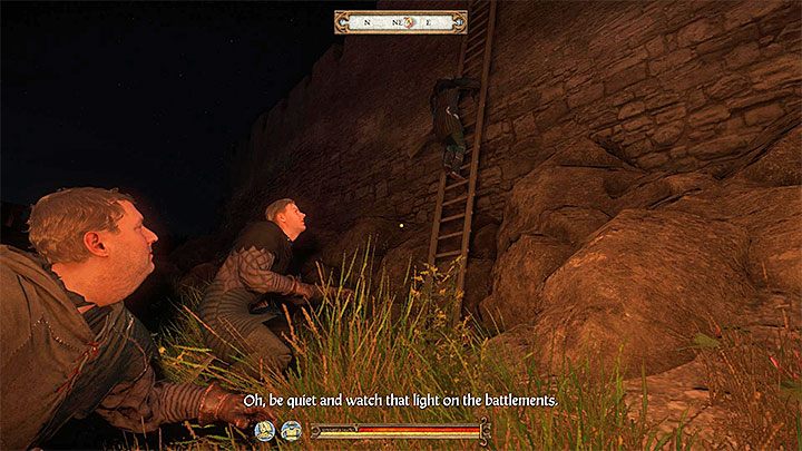Kingdom Come Deliverance with Lord Capon preparing to use a ladder to scale the Talmberg wall in night raid