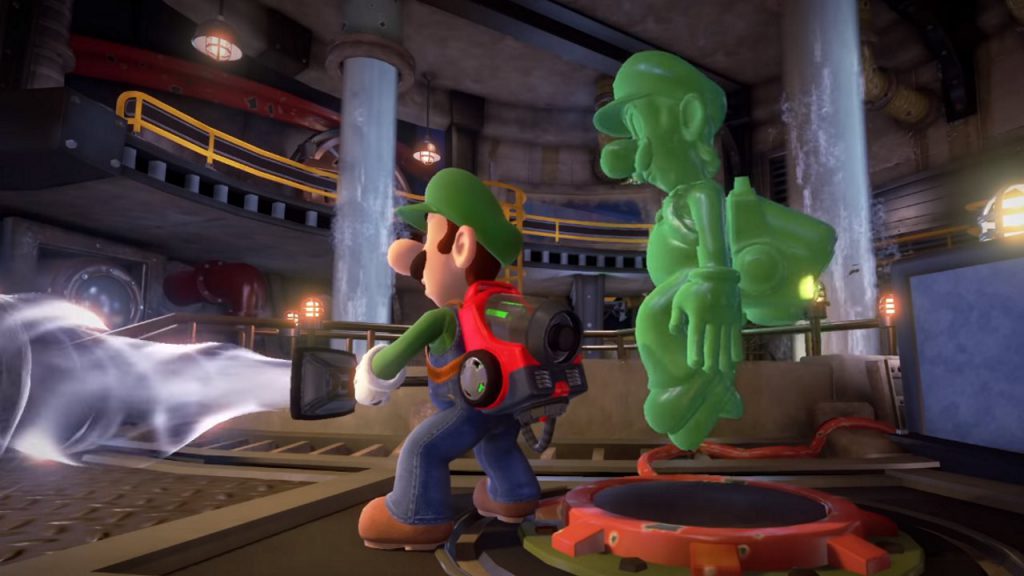 Luigi's Mansion 3 coop vacuuming ghosts with gooigi at his back in Luigis mansion 3