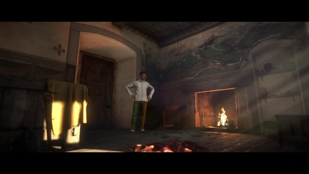 Kingdom Come Deliverance Henry of Skalitz standing by the fire in his room in the castle