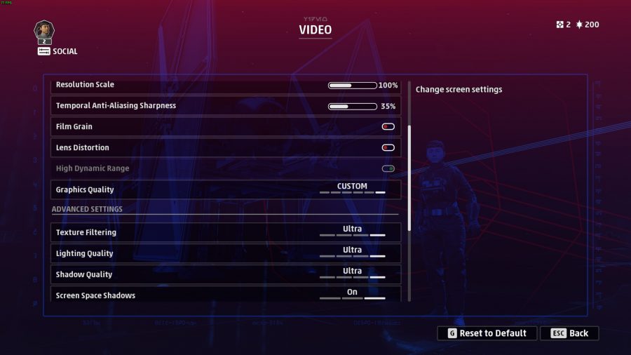 Star Wars Squadrons Graphic Setting Menu