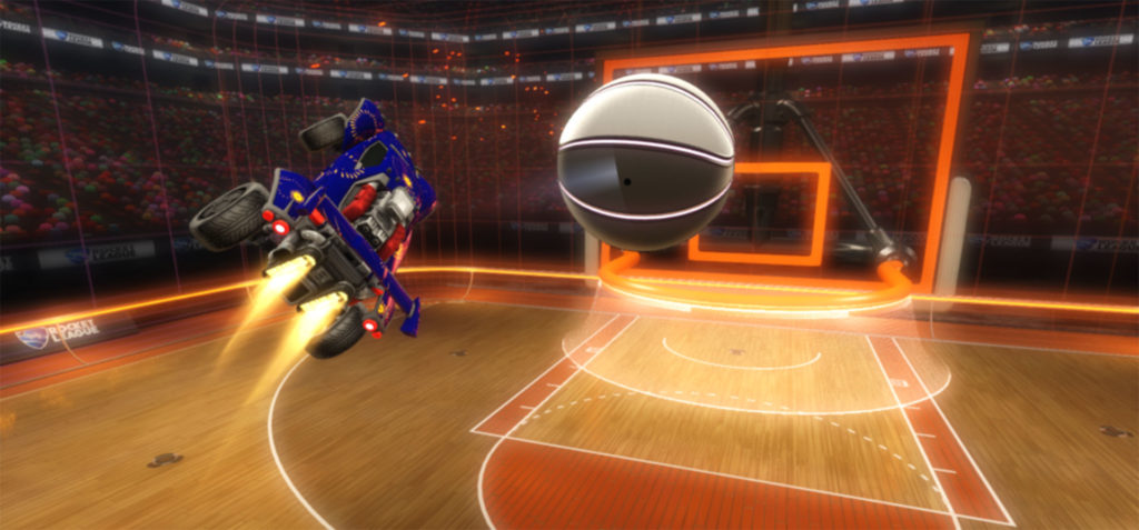 Rocket League hoops game mode with aerial shot