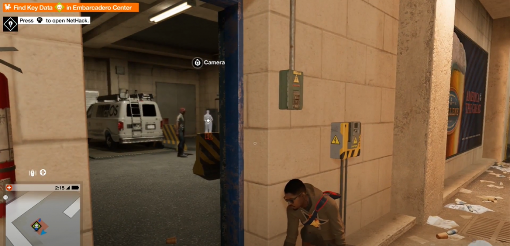 Watch Dogs 2 sneaking around an underground garage to steal key data from ctOS guards