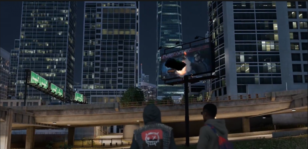 Watch Dogs 2 Marcus and Wrench watching the remote controlled Cyber Driver car launched through the movie billboard