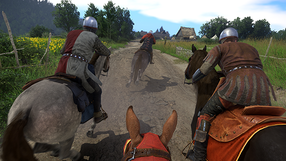 Kingdom Come: Deliverance riding a horse with an army