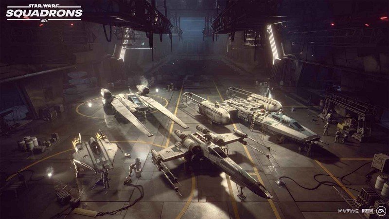 Star Wars Squadrons Rebel Alliance Ships in Hangar including x-wing, a-wing, Y wing and B wing