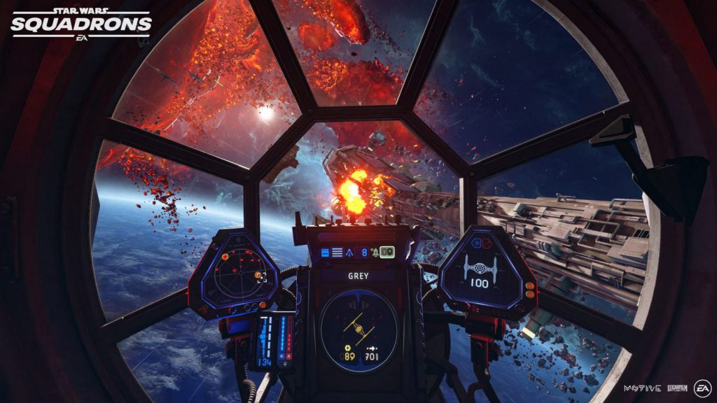 Tie Fighter Cockpit flying towards damaged capital ship in Star Wars Squadrons