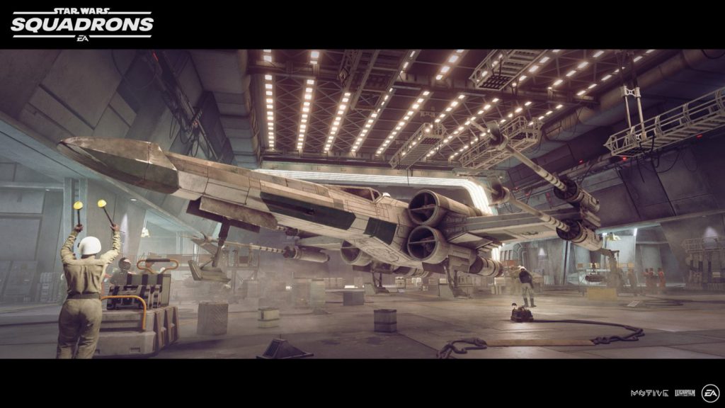 Star Wars Squadron X wing in rebel hangar