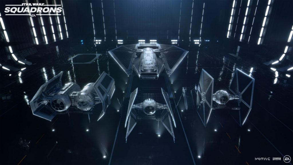 Star Wars Squadrons Empire Tie Ships in Hangar including tie fighter, tie interceptor, tie reaper and tie bomber