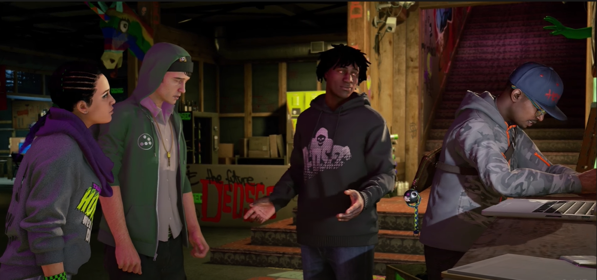 Watch Dogs 2 DedSec crew of Josh, Horatio, Sitara, Wrench and Marcus in hacker HQ