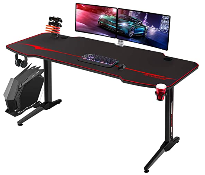 Homall Gaming desk demo photo showing the an example setup with cup holder, headset mount and dual monitors