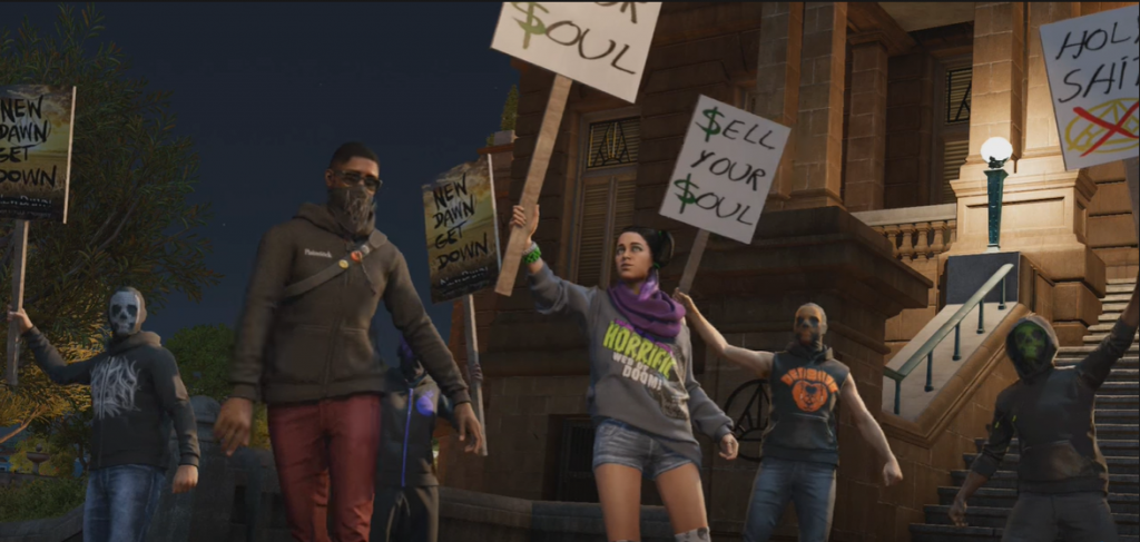 Watch Dogs 2 New Dawn protest by DedSec followers no the steps of the church