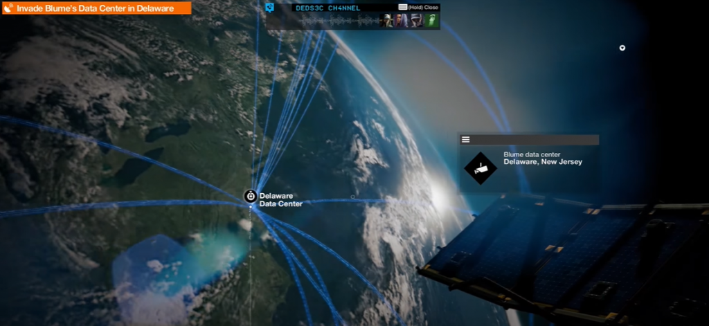 Watch Dogs 2 view of the earth from a hacked Blume satellite with servers in view