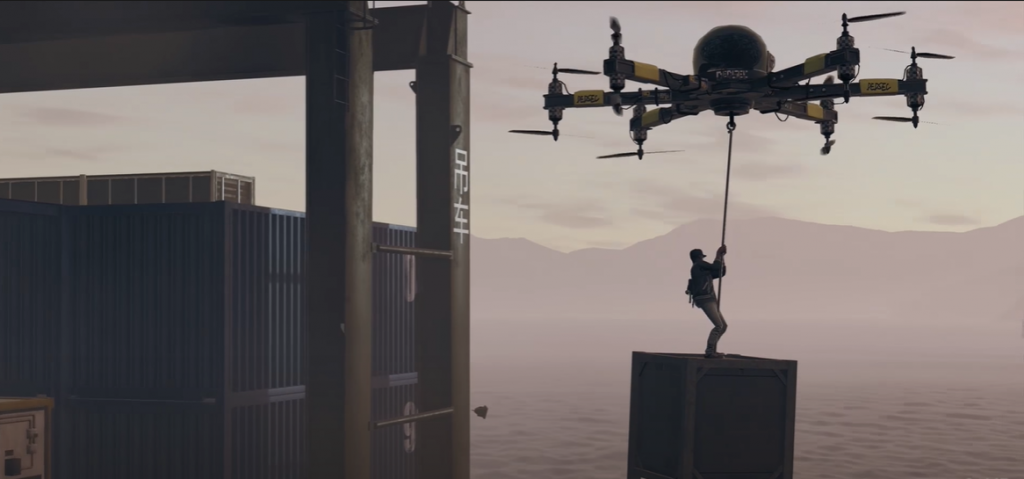 Watch Dogs 2 Marcus standing on a server being airlifted by Josh's giant flying drone off a container ship