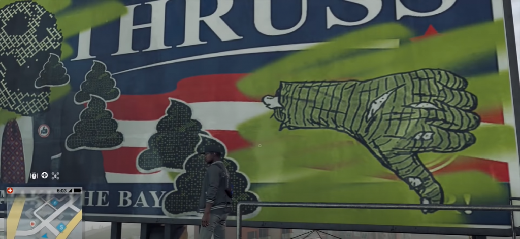 Congressman Thruss billboard with DedSec graffiti all over it