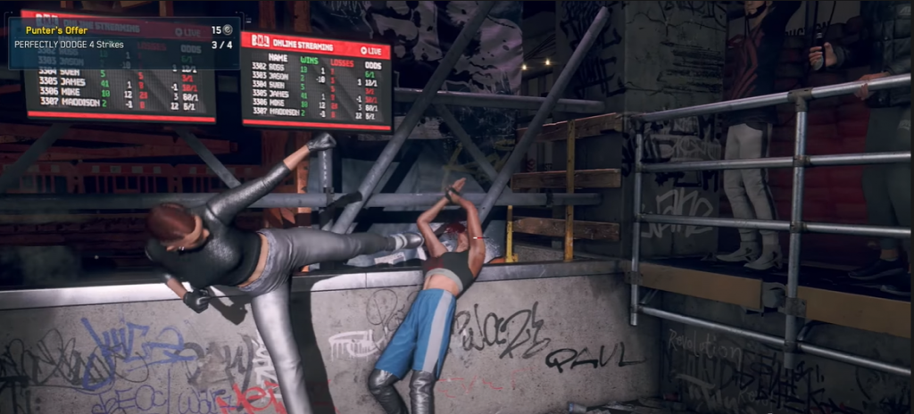 Watch Dogs bare knuckle brawl with a female fighter kicking another in the face