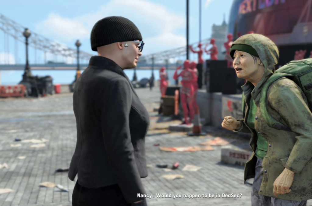 Watch Dogs Legion a hitman recruiting a panhandler at the waterfront