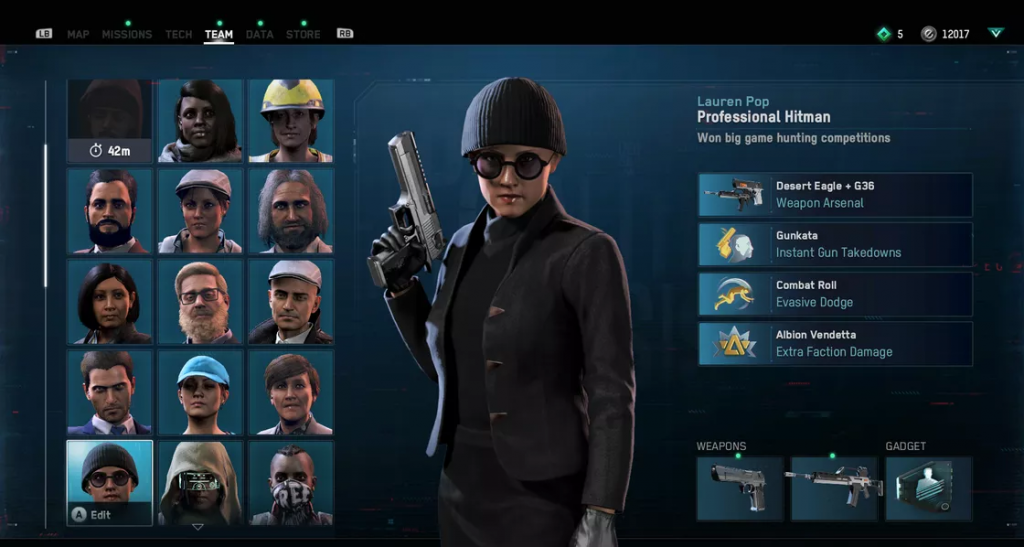 Watch Dogs hitman profile showing the skills and other recruits