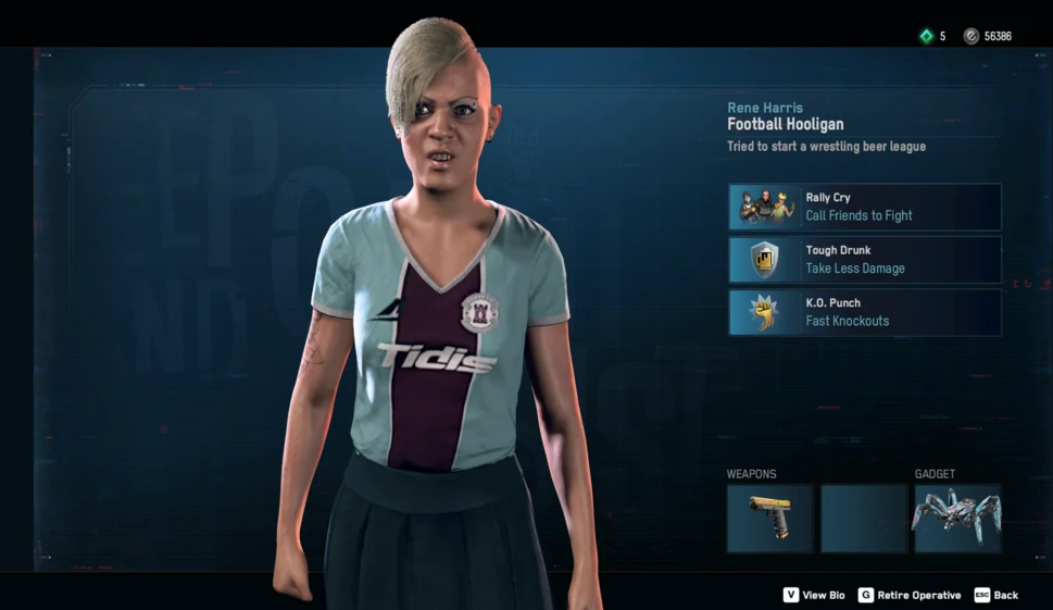 Watch Dogs legion female football hooligan profile with drunken skills