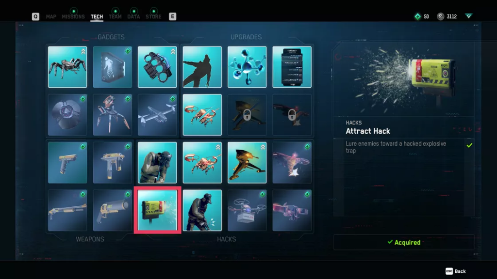 Watch dogs list of tech hacks with the attract hack highlighted