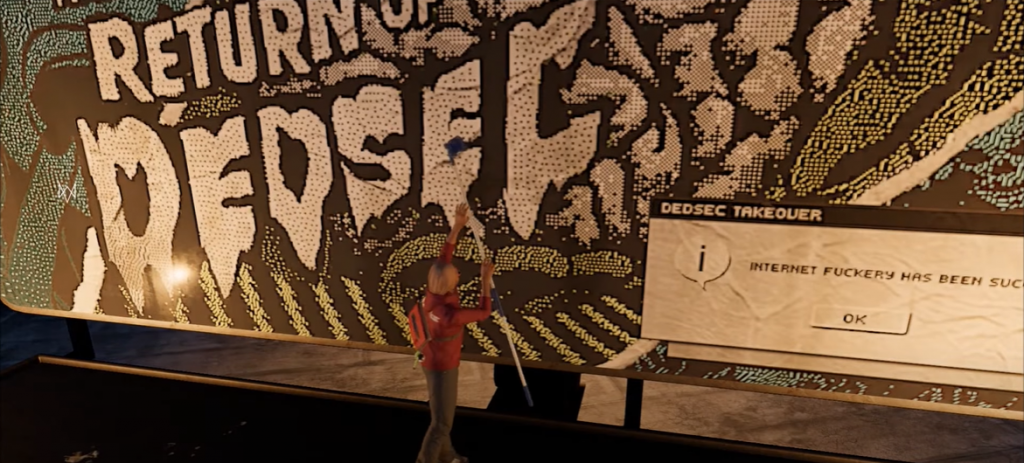Watch Dogs 2 Marcus putting DedSec graffiti on a billboard
