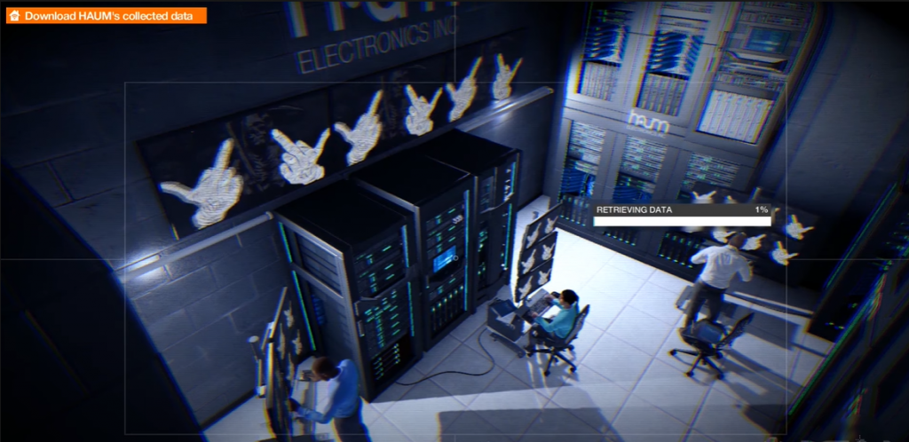 Watch Dogs 2 Haum server room with Dedsec middle finger on the monitors