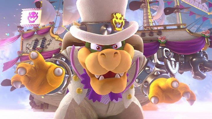 King Koopa as the groom wearing a tux with his airship in the background