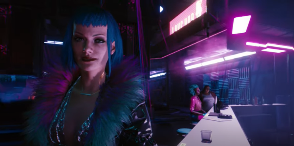 Cyberpunk 2077 meeting with Evelyn at the bar of Lizzie's club with neon lights