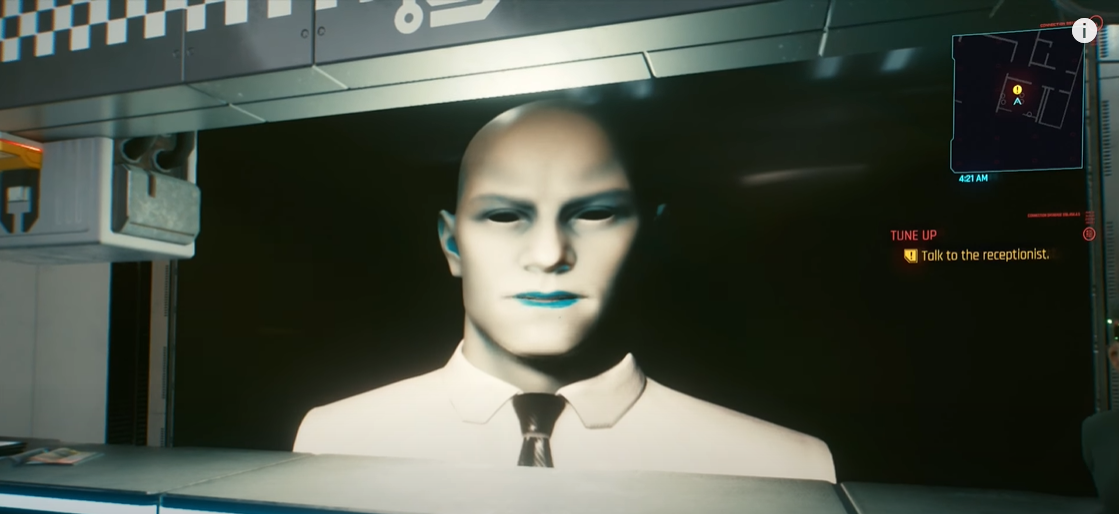 Cyberpunk 2077 Delamain on screen at his taxi HQ