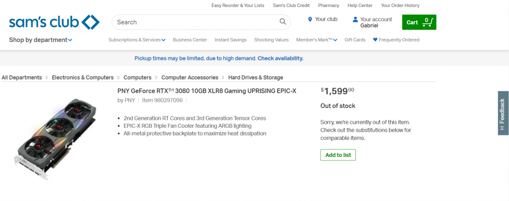 Sam's Club product page for PNY GeForce RTX™ 3080 10GB XLR8 Gaming UPRISING EPIC-X