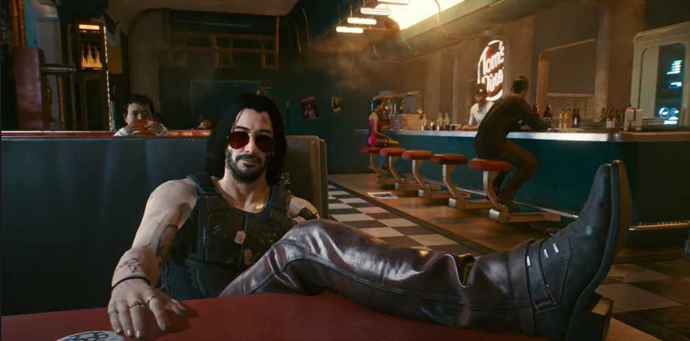 Cyberpunk Johnny Silverhand putting his feet up at the diner table