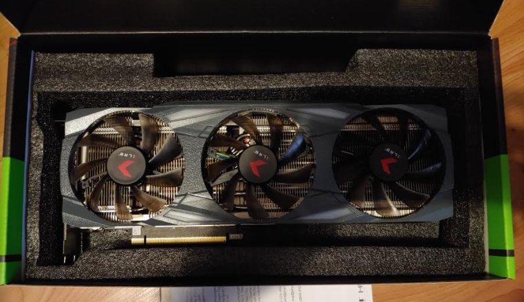 Opened box showing the PNY GeForce RTX 3090 24GB XLR8 Gaming UPRISING EPIC-X RGB Triple Fan Edition