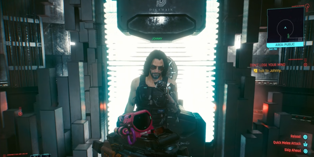 Cyberpunk 2077 Johnny Silverhand talking in front of the Delamain AI core