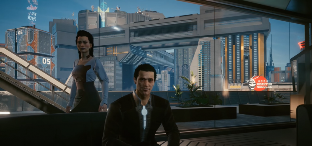 Cyberpunk 2077 Elizabeth and Jefferson Peralez sitting in their Penthouse with V
