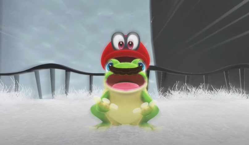 Mario frog with red plumber hat with eyes on frog's head with mustache