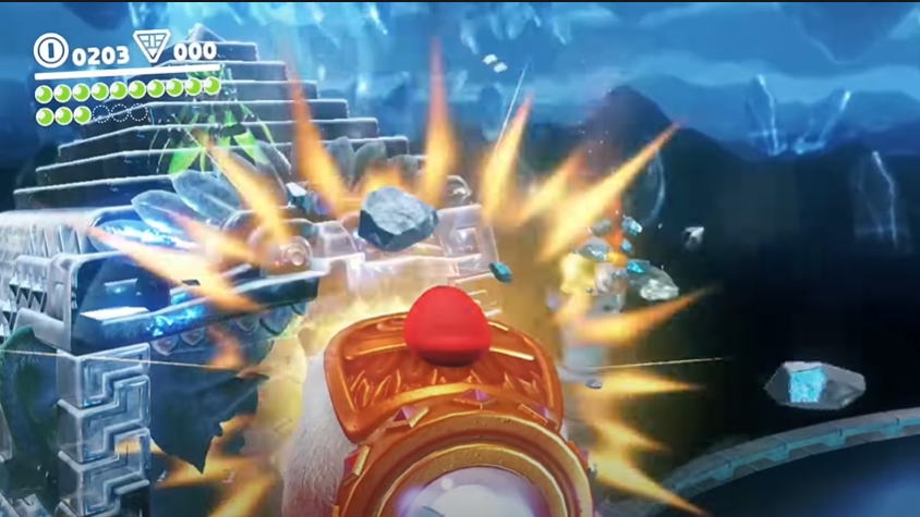 Super Mario Odyssey hat on fist attacking mayan head