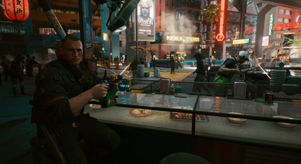 Cyberpunk 2077 sitting with Jackie Welles while he eats on the streets of Night City