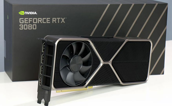 Nvidia Geforce RTX 3080 video card on its side in front of the box