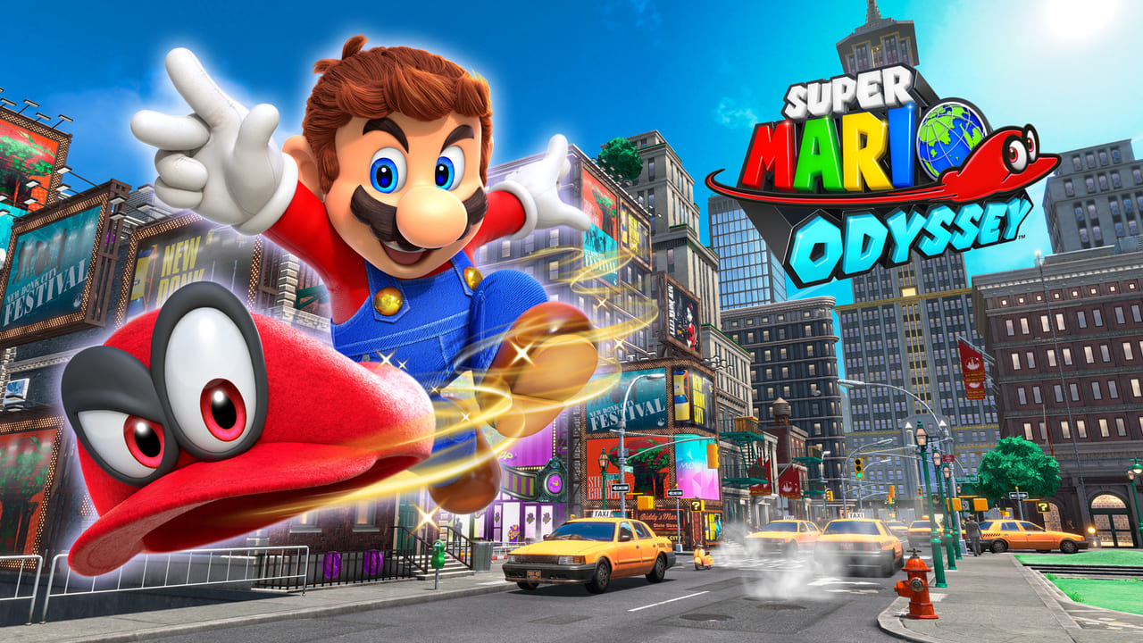 Super Mario Odyssey game art with Mario throwing a hat with eyes