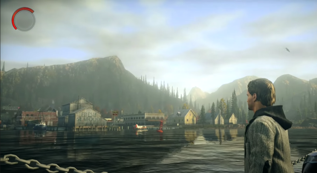 Alan Wake arriving at Bright Falls on a boat viewing the water, trees and mountains