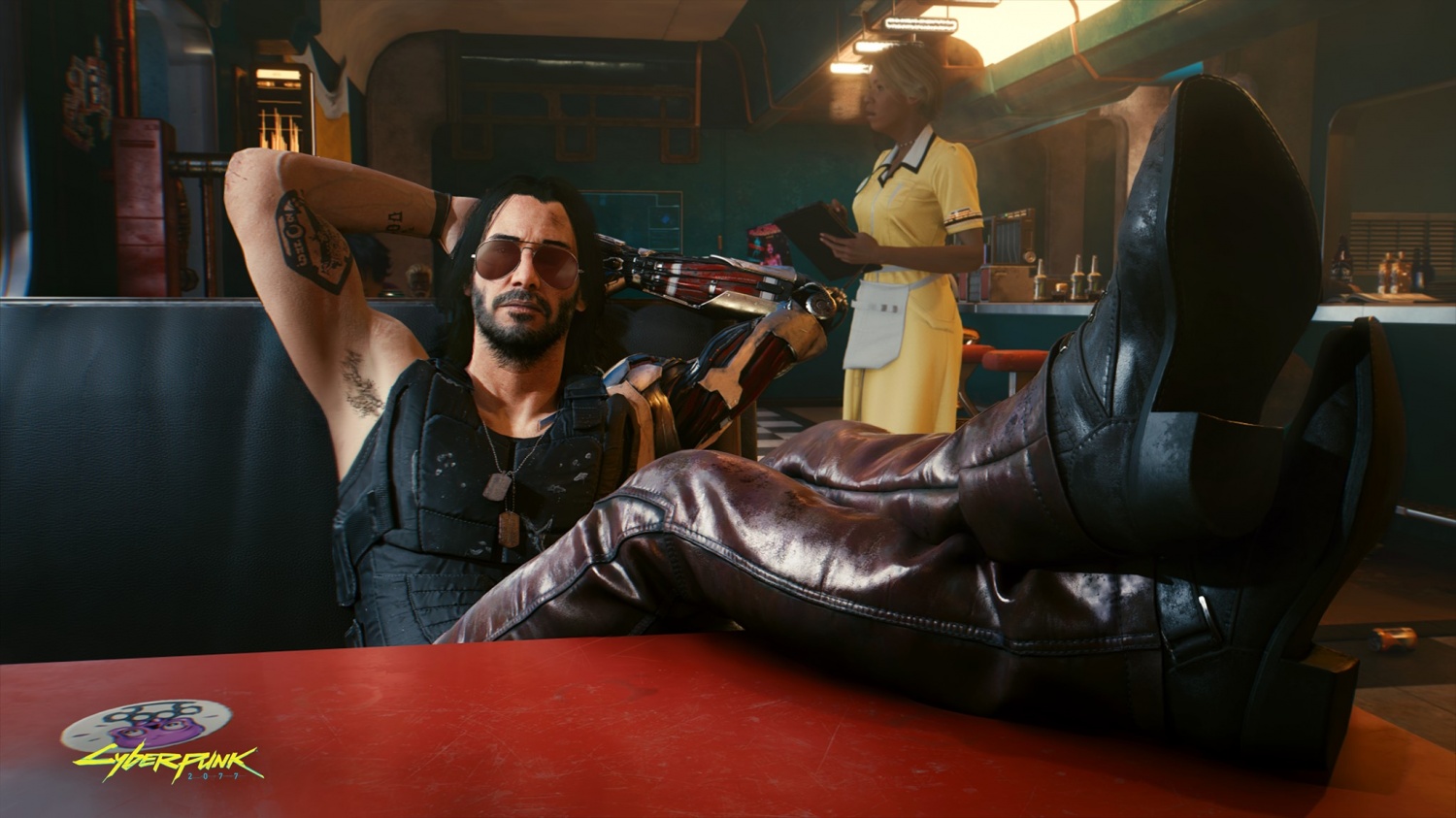 Cyberpunk 2077 Johnny Silverhand with his feet up on a diner table with the waitress standing behind him