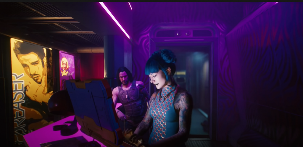 Cyberpunk 2077 Clouds host with blue hair checking me in while Johnny Silverhand watches her.