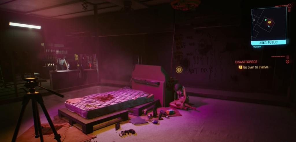 Cyberpunk 2077 camera setup by a bloody bed with a hurt Evelyn Parker at it's head