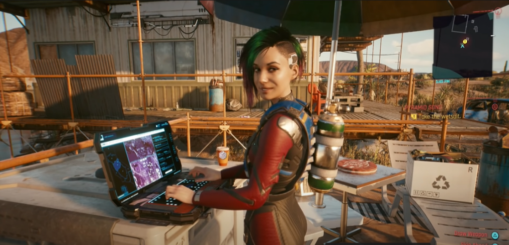 Cyberpunk 2077 Judy Alvarez in a wetsuit with scuba gear at a waterside cabin