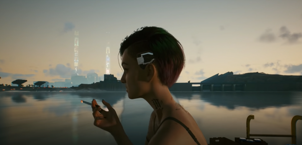Cyberpunk 2077 Judy Alvarez smoking a cigarette near the water