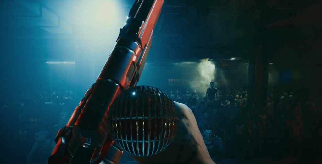 Cyberpunk 2077 Johnny hold the microphone and gun in front of concert crowd