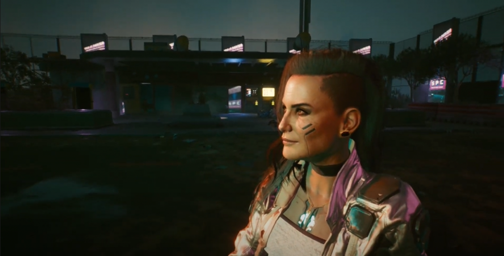 Cyberpunk 2077 Rogue Amendiares watching the drive-in moview screen 