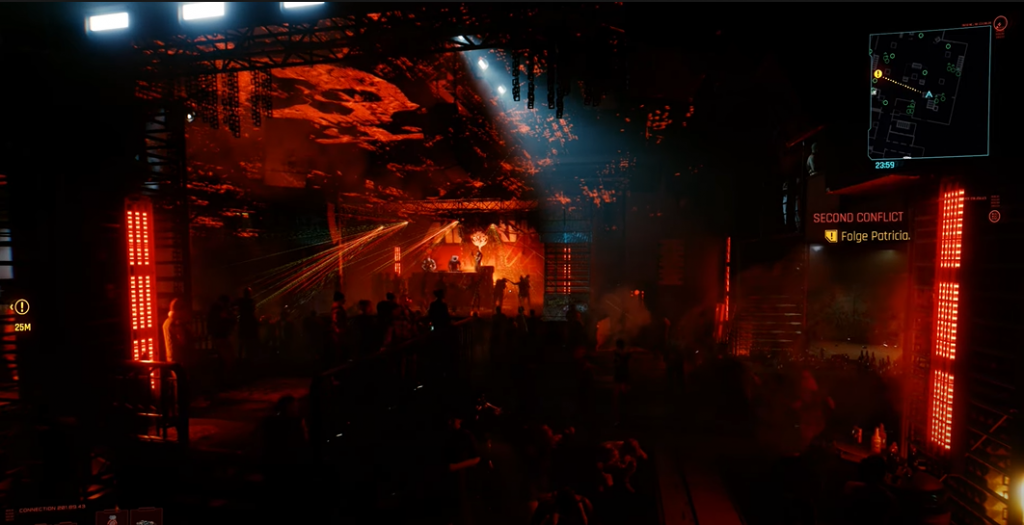 Cyberpunk 2077 Maelstrom Club with red laser lights coming from stage