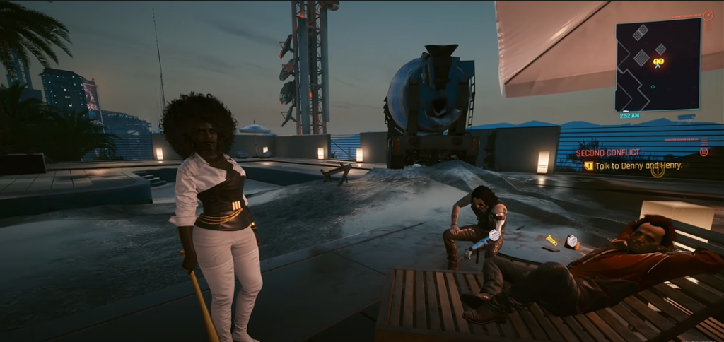 Cyberpunk 2077 Denny's house with cement mixer in pool while Henry lounges and Johnny Silverhand sits