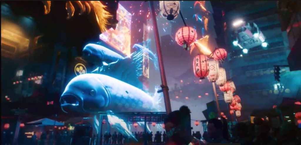 Cyberpunk 2077 holo fish flying in the air behind chinese lanterns during Arasaka parade
